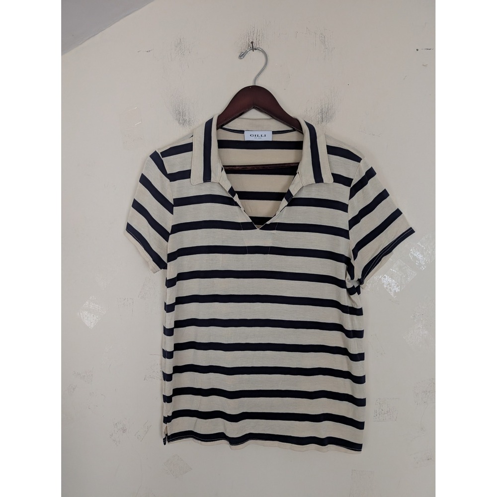 Gilli Womens Navy Blue Cream Striped Short Sleeve V-Neck Polo Shirt Size M/L